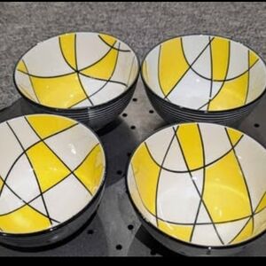 Geometric Yellow & White Ceramic Bowl Set